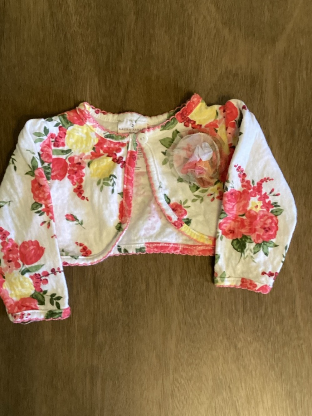 Laura Ashley White Floral Bolero Cardigan with Pink and Yellow Flowers 6-9 Month